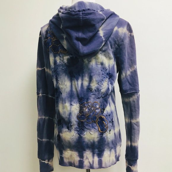 Free People blue purple tie dye embroidered zip hoodie sweatshirt L - Picture 2 of 13